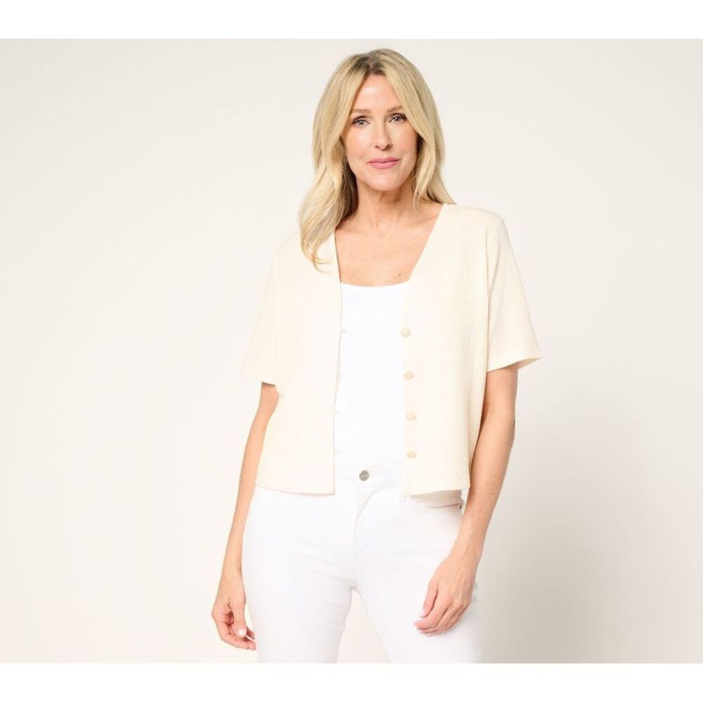 Susan Graver Women's Top Plus Sz Sweater 1X Textured Knit Button White A691329